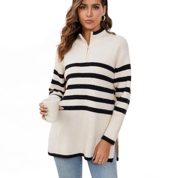 Striped Half Zip Side Slit Relaxed Casual Pullover Sweater - Picture 3 of 16